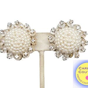 Vintage Signed Alice Caviness Faux-Pearl & Clear Rhinestone Clip Earrings